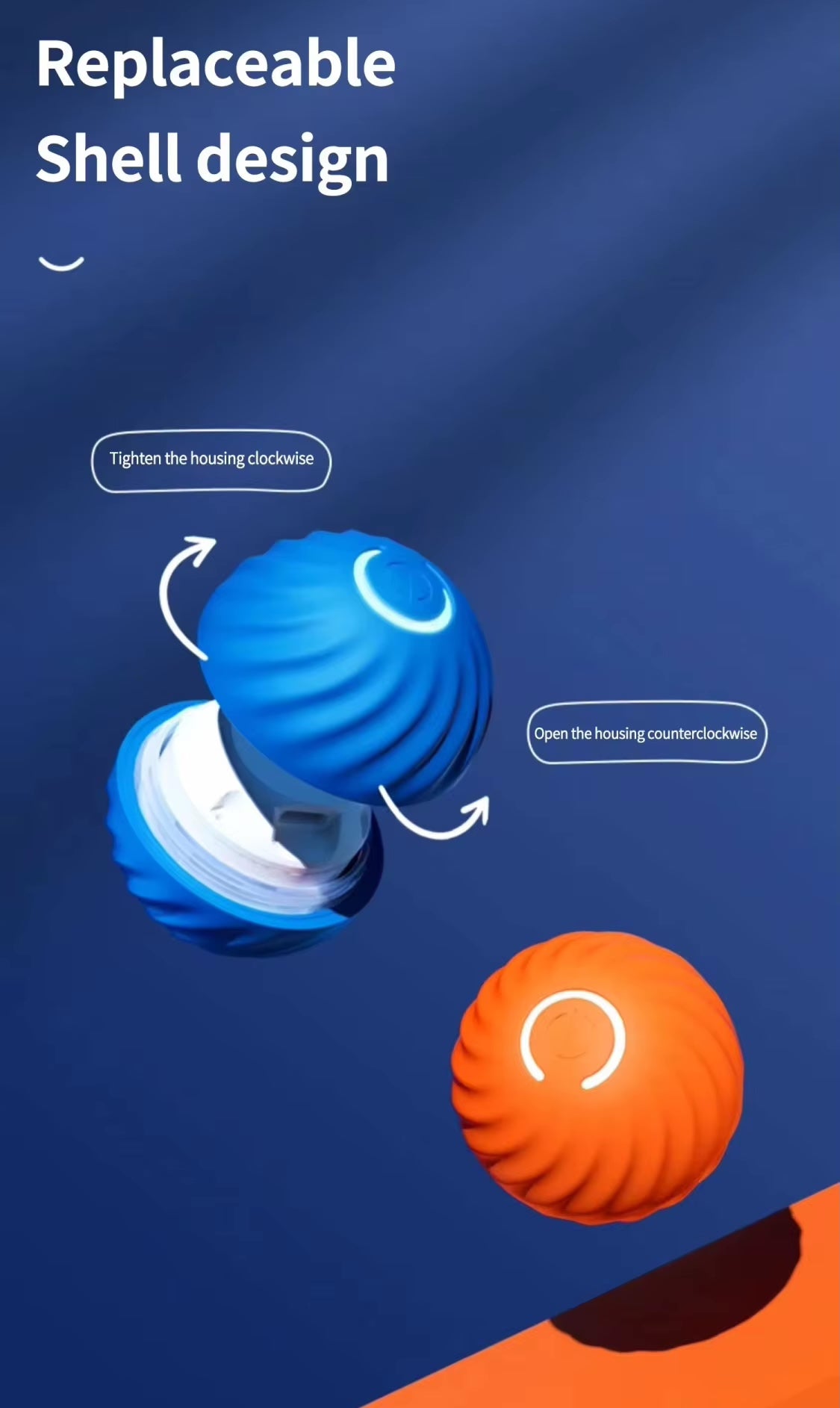 USB Vibrating Ball Toy with a replaceable shell, shown in blue and orange