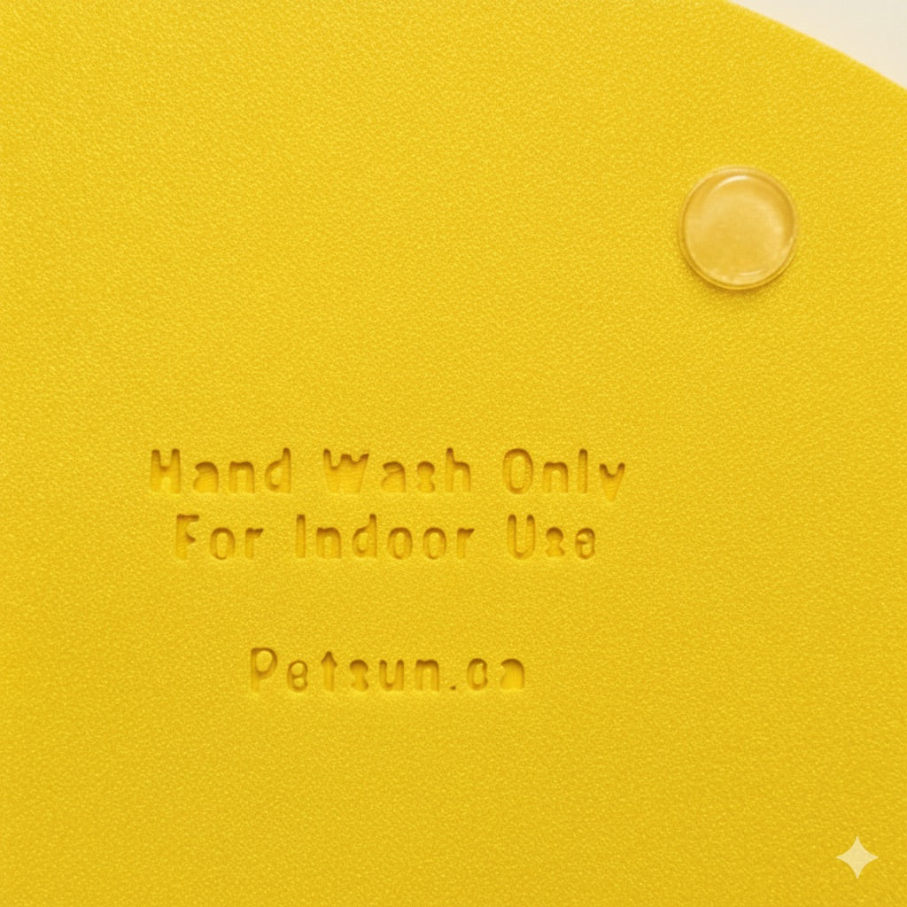 Yellow slow feeder bowl's back with 'Hand Wash Only For Indoor Use' text and PetSun.co logo.