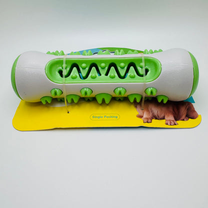 Green Molar Chew & Dental Toy for dogs with molar bumps, resting on its card