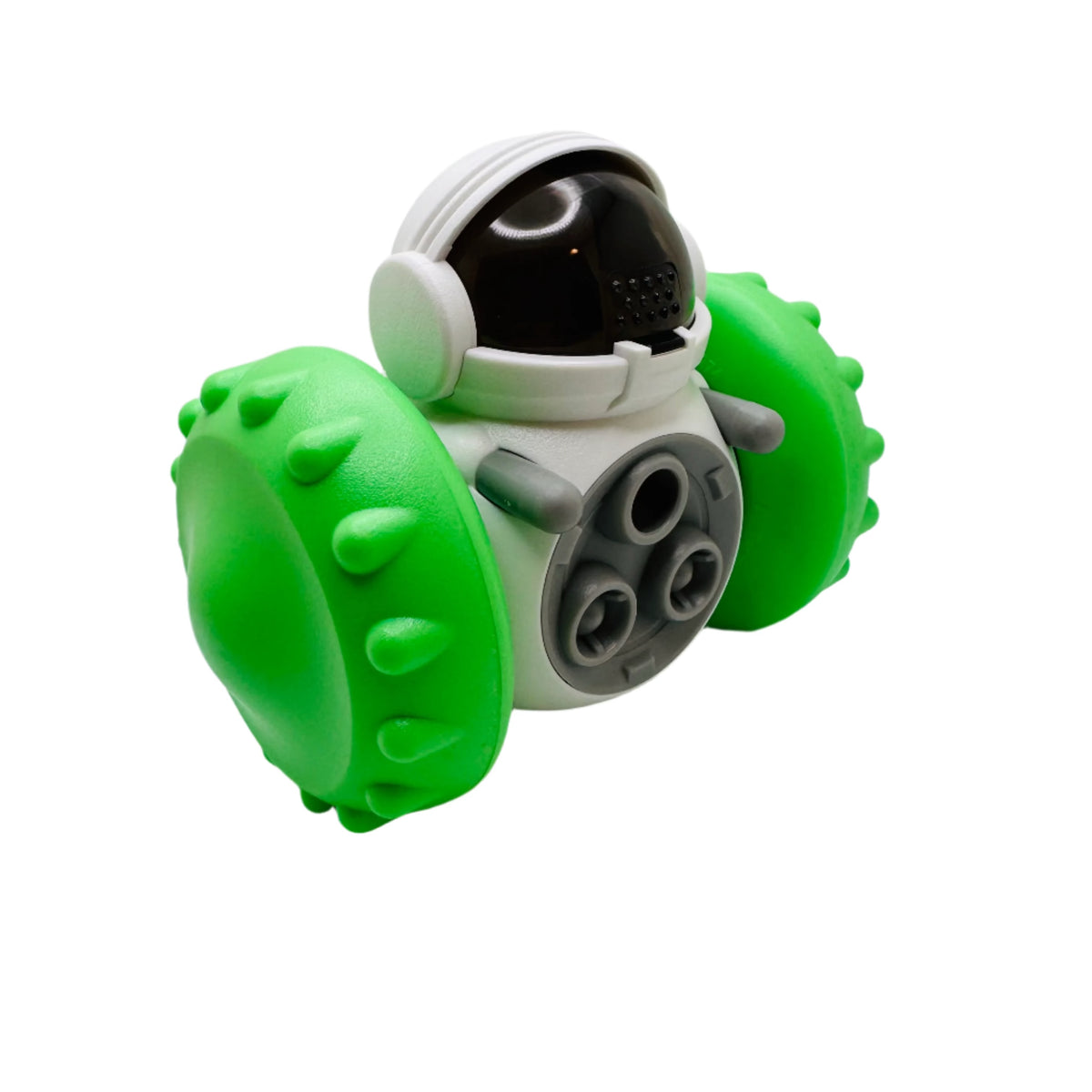 Green Robot Slow Feeder & Treat Dispenser Toy with astronaut helmet and big spiked wheels
