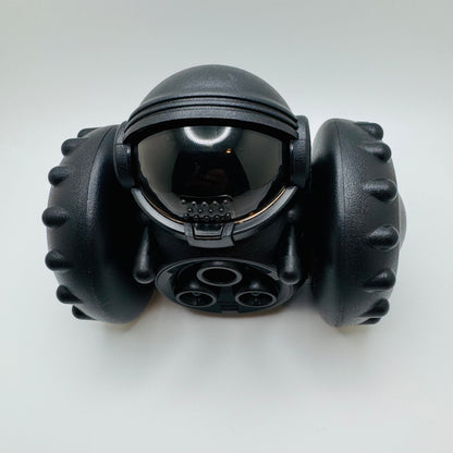 Black Robot Slow Feeder & Treat Dispenser Toy, front view with helmet visor and three treat holes