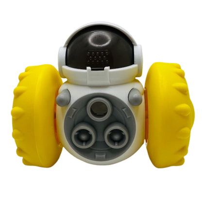 A interactive pet feeder toy designed to look like a robot with yellow and gray colors.