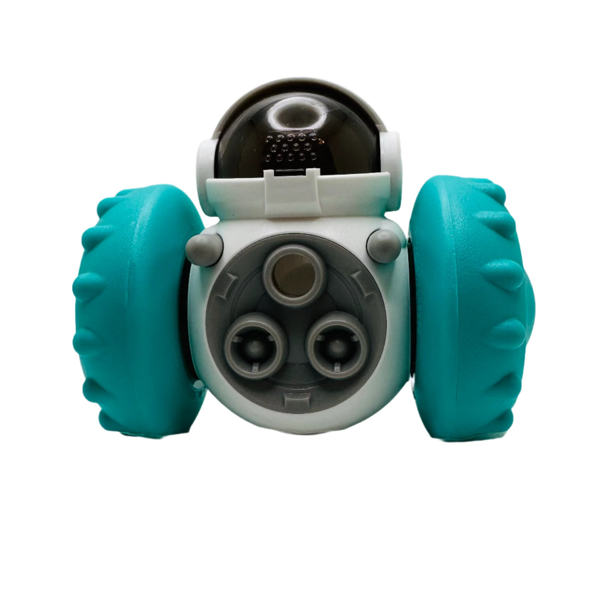 A plastic interactive pet feeder toy designed to look like a robot with yellow and gray colors.
