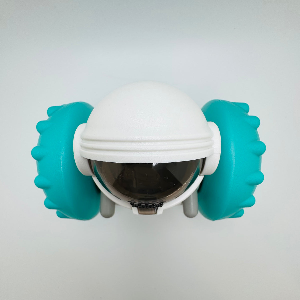 Teal Robot Slow Feeder & Treat Dispenser Toy, top view of the white helmet