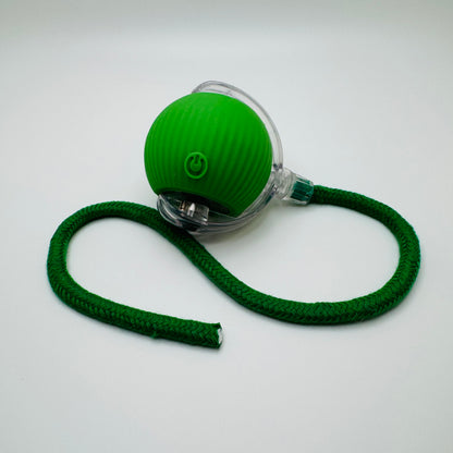 Green Vibrating Bouncing Ball Toy with a dark green rope tail