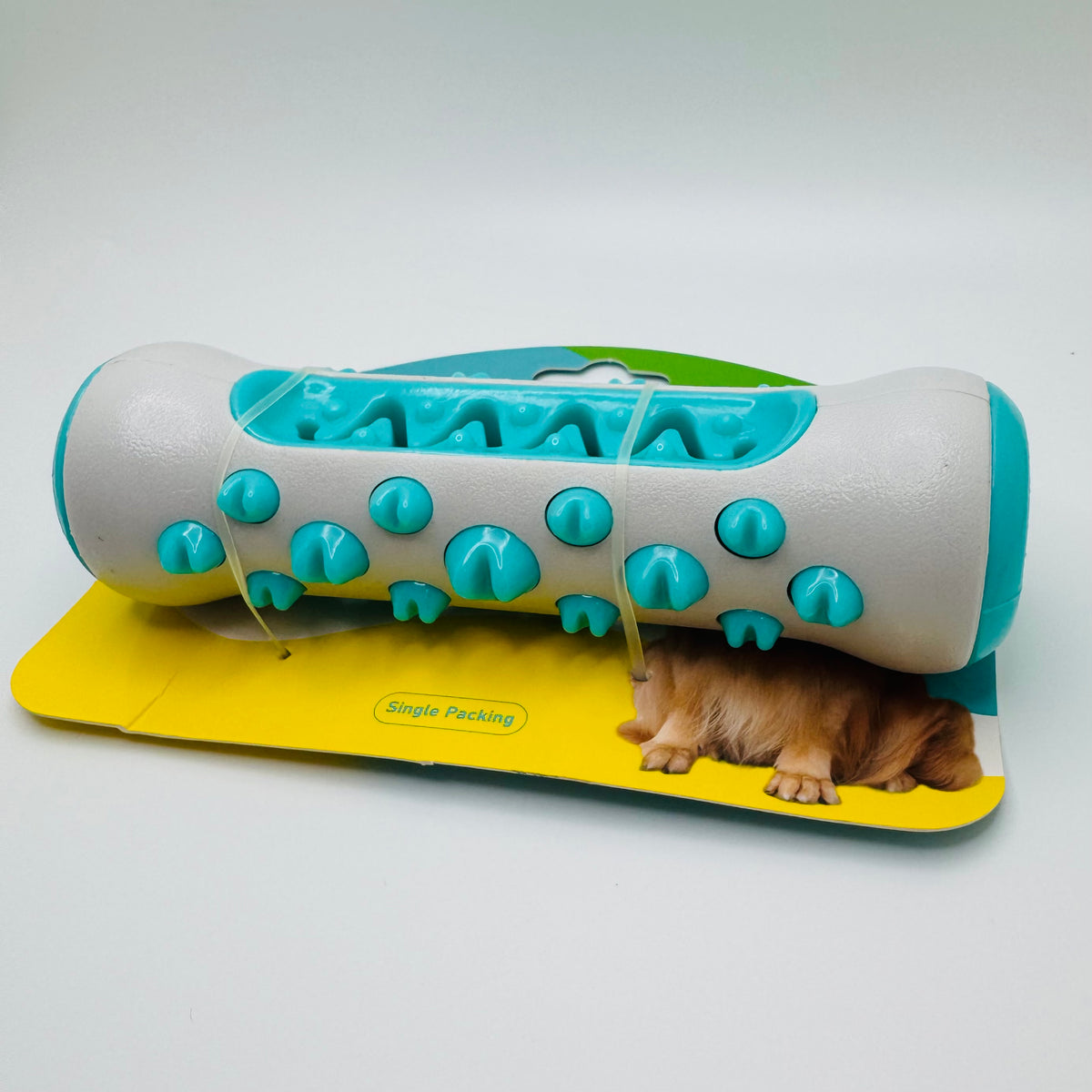 Teal Molar Chew & Dental Toy for dogs, close view of the bumps and packaging