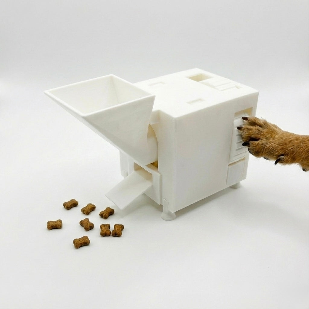White interactive pet food dispenser with scattered kibble on a white background