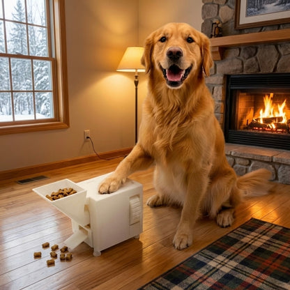 Dog sitting next to a White interactive pet food dispenser with scattered kibble on a white background