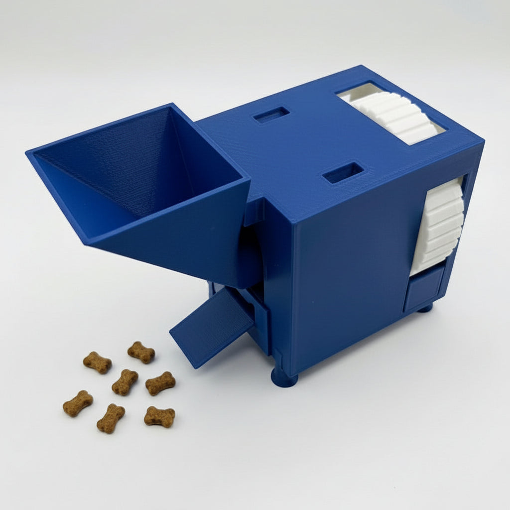 Blue interactive pet food dispenser with scattered kibble on a white background