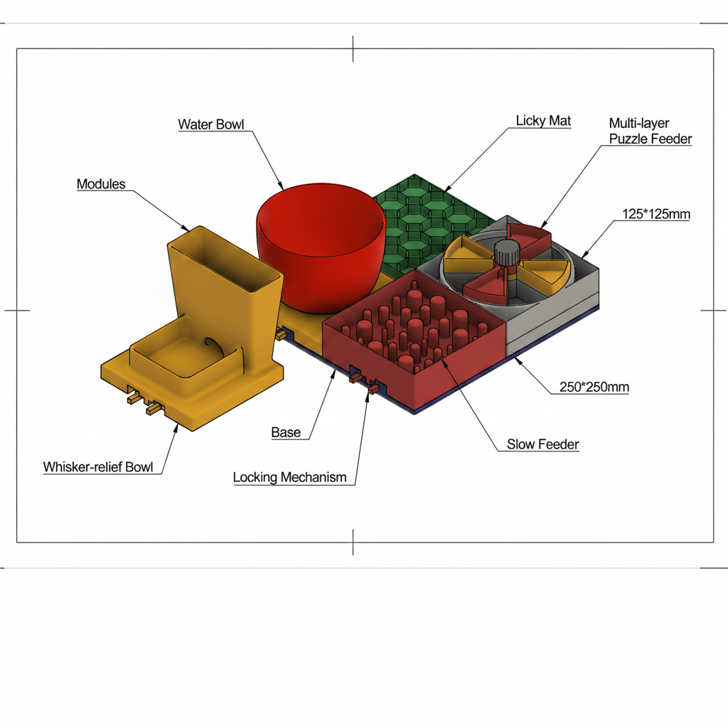 A labeled 3D diagram of a modular puzzle feeder and water bowl set, showing components such as the water bowl, modules, base, locking mechanism, slow feeder, licky mat, and multi-layer puzzle feeder with dimensions.