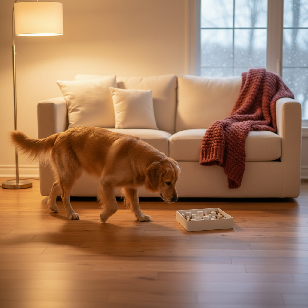A golden retriever dog is on a hardwood floor in a cozy living room, looking at a small slow feeder bowl placed in front of a cream-colored sofa with a red knit blanket.