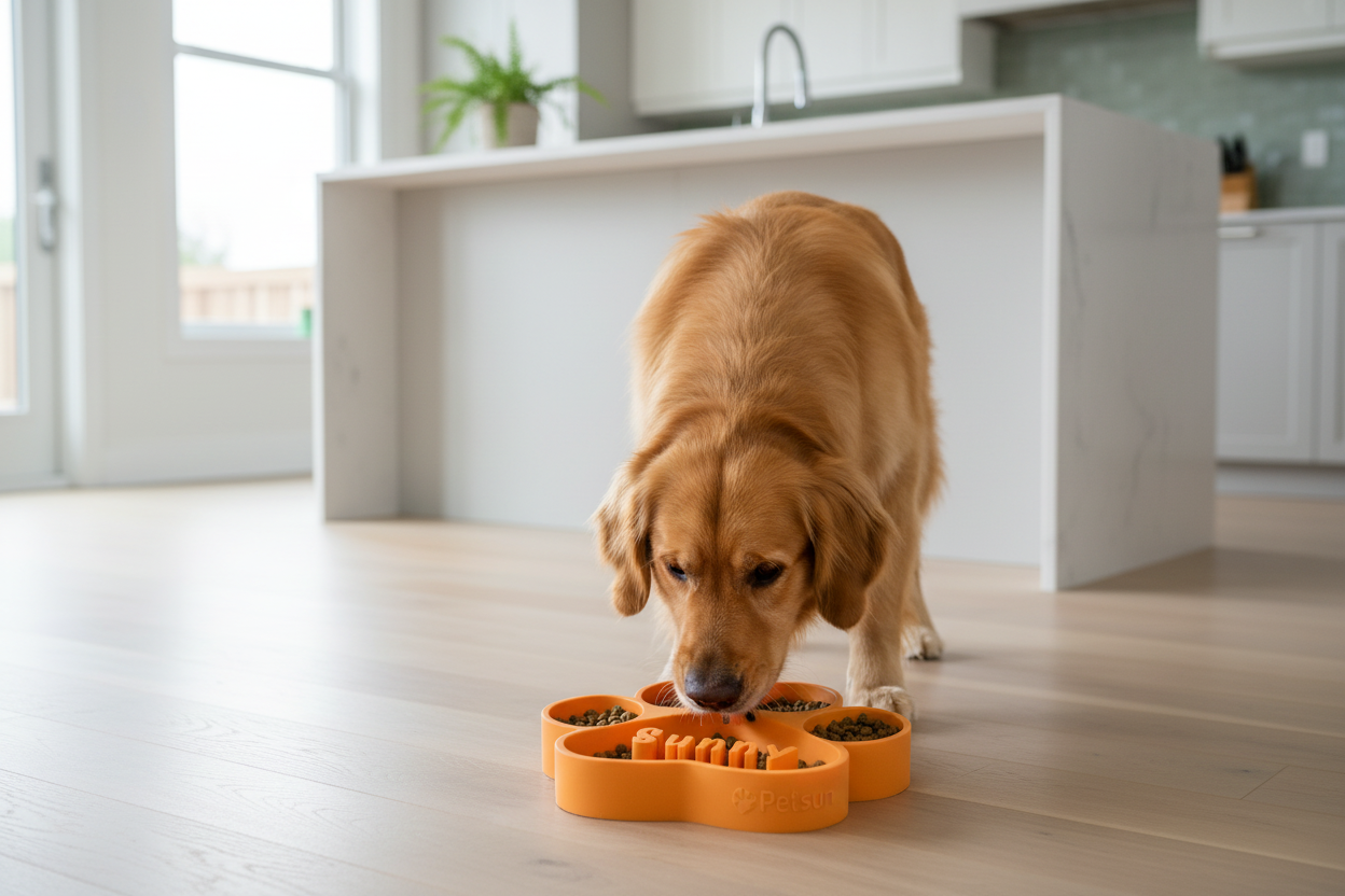 Happy Golden Retriever with Paw-Shaped Slow Feeder Bowl
