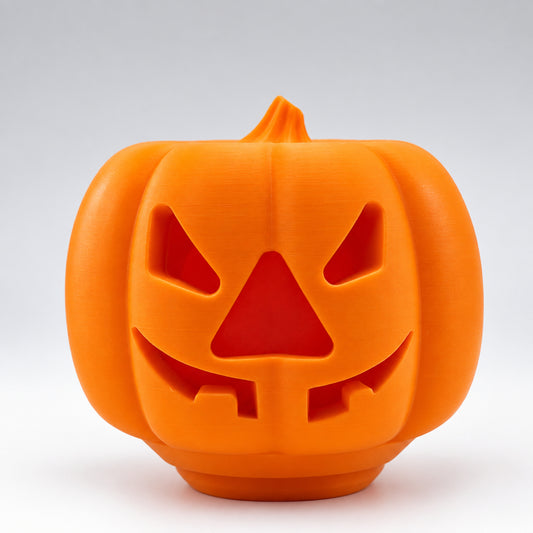 Orange pumpkin treat dispenser for dogs and cats, front view with carved face