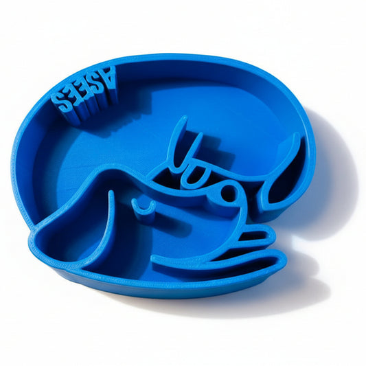 Blue slow feeder bowl with name design on a white background