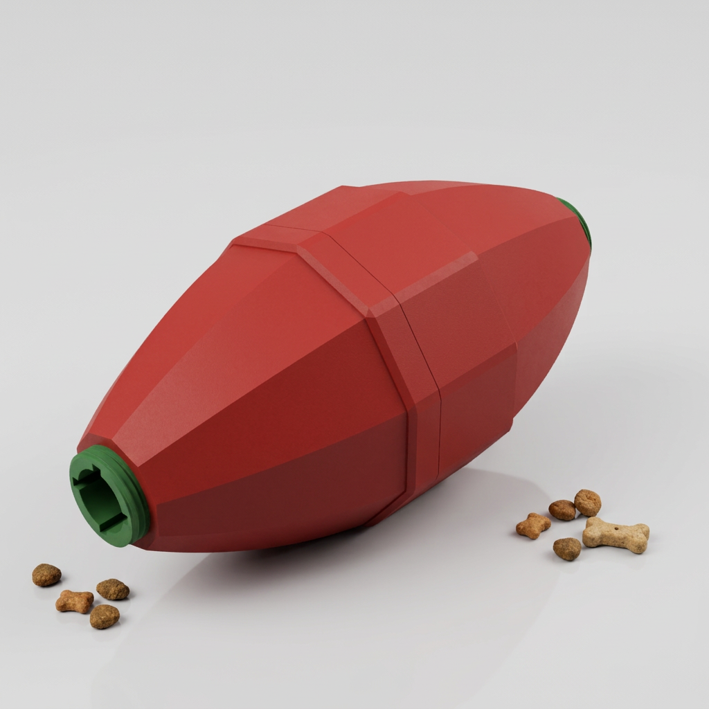 Adjustable treat dispenser toy for dogs and cats, red oval body with green screw-in bushings at both ends
