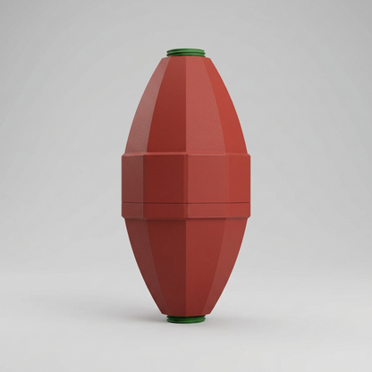 Side view of the adjustable treat dispenser showing the two screw-together halves and green bushings